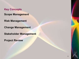 Scope Management Risk Management Change Management Stakeholder Management Project Review Key Concepts 
