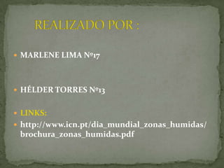 MARLENE LIMA Nº17 HÉLDER TORRES Nº13LINKS:http://www.icn.pt/dia_mundial_zonas_humidas/brochura_zonas_humidas.pdf       REALIZADO POR :