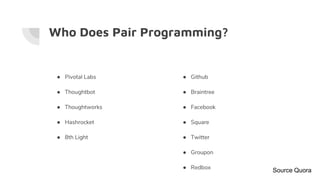 Who Does Pair Programming?
● Pivotal Labs
● Thoughtbot
● Thoughtworks
● Hashrocket
● 8th Light
● Github
● Braintree
● Facebook
● Square
● Twitter
● Groupon
● Redbox
Source Quora
 