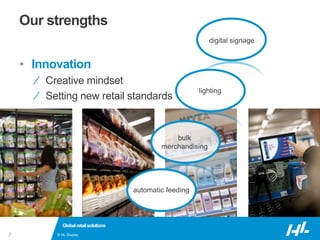 © HL Display7
Our strengths
• Innovation
⁄ Creative mindset
⁄ Setting new retail standards
Globalretailsolutions
digital signage
lighting
bulk
merchandising
automatic feeding
 