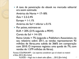  A taxa de penetração do ebook no mercado editorial
  era assim estimada:
  América do Norte = 17-18%
  Ásia = 2.2-2.4%
  Europa = 1-1.1%
  América do Sul = inferior a 0.1%
 Por países, estimava-se:
  EUA = 20% (21% segundo o PEW)
  Coreia do Sul = 14-15%
  Reino Unido = 7% (segundo a Publishers Association, no
  seu relatório sobre 2011, as vendas representaram 92
  milhões de libras,uma subida de 366% em comparação
  com 2010. O impresso registou uma queda de 7%, com
  vendas de 1.579 milhões de libras).
Fontes: COLPISA/AFP – Los expertos consideram que el e-book no matará
el libro, 2012. [Em linha]
          FLOOD – Huge rise in ebook sales offsets…, 2012 [Em linha].   17
 