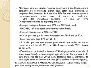    Números para os Estados Unidos confirmam a tendência, com a
    agravante de o mercado digital, aqui, estar mais avançado. O
    projecto Pew Internet & American Life fez um levantamento a
    norte-americanos acima dos 16 anos, e confirmou:
    - 78% dos indivíduos declarava ter lido um livro
    (independentemente do suporte) em 2011.
    - Essa percentagem baixou para 75% em 2012 (até nov.).
    - Em 2011, 16% dos norte-americanos liam e-books.
    - Esse número passou a 23% em 2012.
    - A % de pessoas que lia livros impressos em 2011 era de 72%.
    - Esse valor caiu para 67% em 2012.
    - A % de pessoas que tinham pelo menos um tablet ou um e-
    reader era, até dez. de 2011, de 18%. A novembro de 2012, cifrava-
    se nos 33%.
    - Do universo de indívidos leitores (75% da população maior de 16
    anos, recorde-se), a percentagem que declarou ler ebooks é de
    30% (números até nov. 2012), com destaque para o segmento da
    população entre os 30 e os 49 anos (41% declara ler livros digitais).
Fonte: PEW INTERNET & AMERICAN LIFE PROJECT – E-book reading jumps;
print book reading declines, December 2012. [Em linha].                 19
 