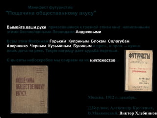 Манифест футуристов   "Пощечина общественному вкусу" Москва. 1912 г. декабрь. Д.Бурлюк, Александр Крученых, В.Маяковский,  Виктор Хлебников   Вымойте ваши руки , прикасавшиеся к грязной слизи книг, написанными этими бесчисленными Леонидами  Андреевыми .  Всем этим Максимам  Горьким ,  Куприным ,  Блокам ,  Сологубам ,  Аверченко ,  Черным ,  Кузьминым ,  Буниным  и проч., и проч. -- нужна лишь дача на реке. Такую награду дает судьба портным.  С высоты небоскребов мы взираем на их  ничтожество !..   