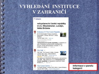 VYHLEDÁNÍ INSTITUCE
    V ZAHRANIČÍ




                Informace v panelu
                kategorií
 