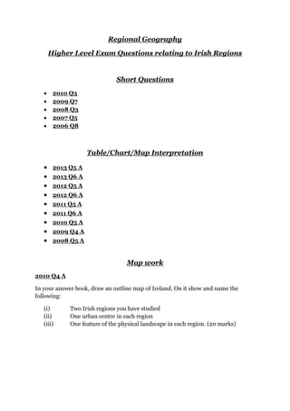 Regional Geography
Higher Level Exam Questions relating to Irish Regions
Short Questions
 2010 Q3
 2009 Q7
 2008 Q3
 2007 Q5
 2006 Q8
Table/Chart/Map Interpretation
 2013 Q5 A
 2013 Q6 A
 2012 Q5 A
 2012 Q6 A
 2011 Q5 A
 2011 Q6 A
 2010 Q5 A
 2009 Q4 A
 2008 Q5 A
Map work
2010 Q4 A
In your answer book, draw an outline map of Ireland. On it show and name the
following:
(i) Two Irish regions you have studied
(ii) One urban centre in each region
(iii) One feature of the physical landscape in each region. (20 marks)
 