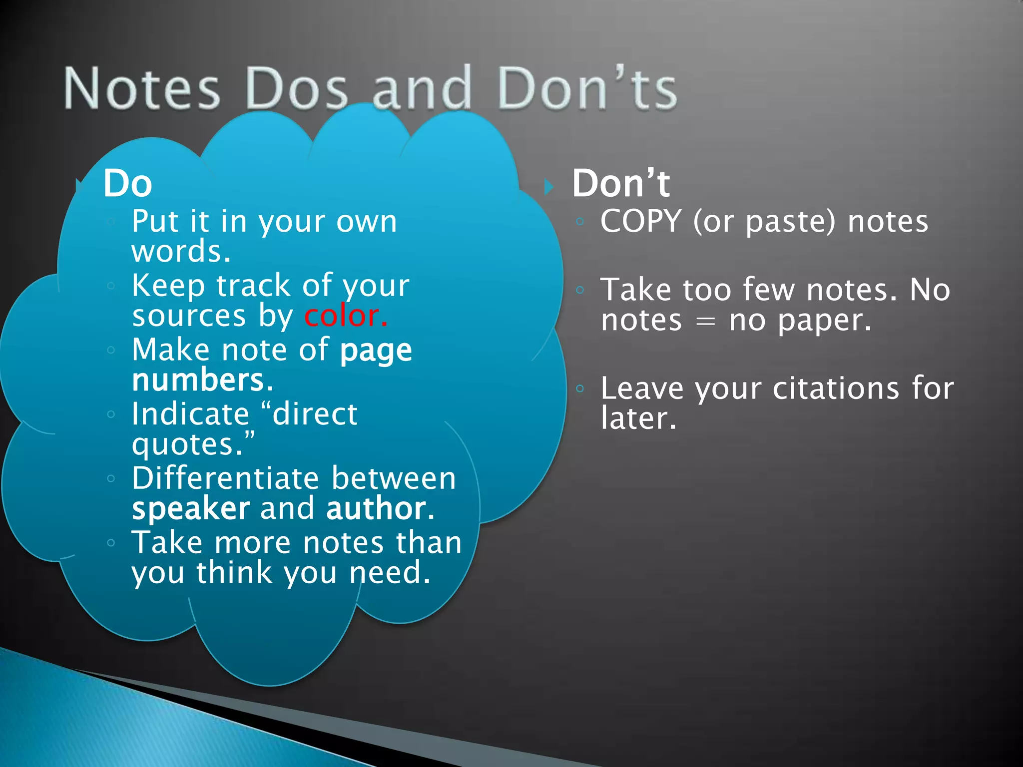  Use ONLY sources that have been peer-
reviewed:
◦ Magazines, journals, news articles
◦ Books
◦ Database articles
◦ Online NEWS articles
 Wikipedia is NOT an acceptable sources.
 Web pages or blogs are NOT acceptable
sources.
 