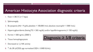 American Histiocyte Association diagnostic criteria
1. Fever ≥ 38.5˚C (> 7 days)
2. Splenomegaly
3. Bi-cytopenia (Hb < 9 g/dL; platelets < 100,000 /mcL; absolute neutrophil < 1000 /mcL)
4. Hypertrygliceridemia (fastingTG > 265 mg/dL) and/or hypofibrinogenemia (< 150 mg/dL)
5. Ferritin > 500 ng/mL (3000 ?)
6. Tissue hemophagocytosis
7. Decreased or (-) NK activity
8.  sIL-2R (sCD25; age normalized 2SD+; >2400 IU/mL)
Diagnosis: ≥ 5/8 criteria
 