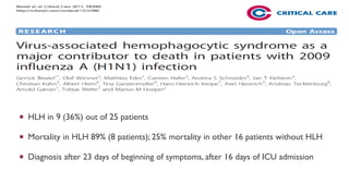  HLH in 9 (36%) out of 25 patients
 Mortality in HLH 89% (8 patients); 25% mortality in other 16 patients without HLH
 Diagnosis after 23 days of beginning of symptoms, after 16 days of ICU admission
 