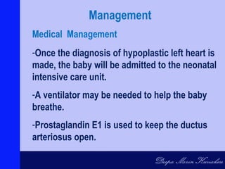 -Once the diagnosis of hypoplastic left heart is
made, the baby will be admitted to the neonatal
intensive care unit.
-A ventilator may be needed to help the baby
breathe.
-Prostaglandin E1 is used to keep the ductus
arteriosus open.
Management
Medical Management
 