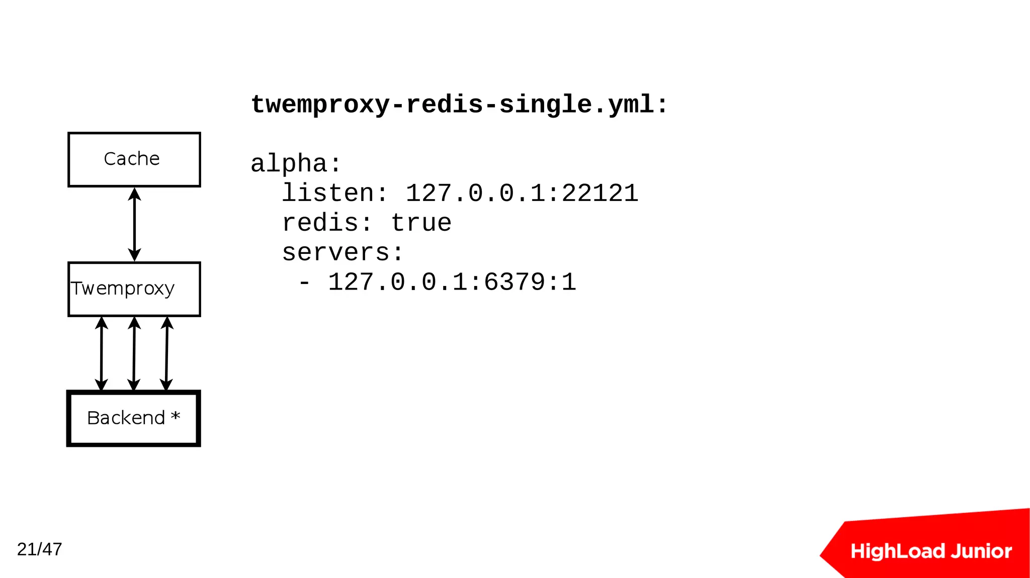21/47
twemproxy-redis-single.yml:
alpha:
listen: 127.0.0.1:22121
redis: true
servers:
- 127.0.0.1:6379:1
 