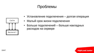 Проблемы
19/47
● Установление подключения – долгая операция
● Малый срок жизни подключения
● Больше подключений – больше накладных
расходов на сервере
 