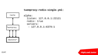21/47
twemproxy-redis-single.yml:
alpha:
listen: 127.0.0.1:22121
redis: true
servers:
- 127.0.0.1:6379:1
 