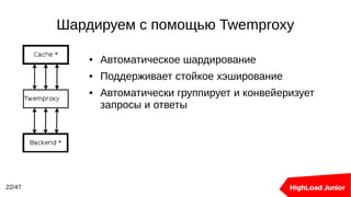 Шардируем с помощью Twemproxy
22/47
● Автоматическое шардирование
● Поддерживает стойкое хэширование
● Автоматически группирует и конвейеризует
запросы и ответы
 