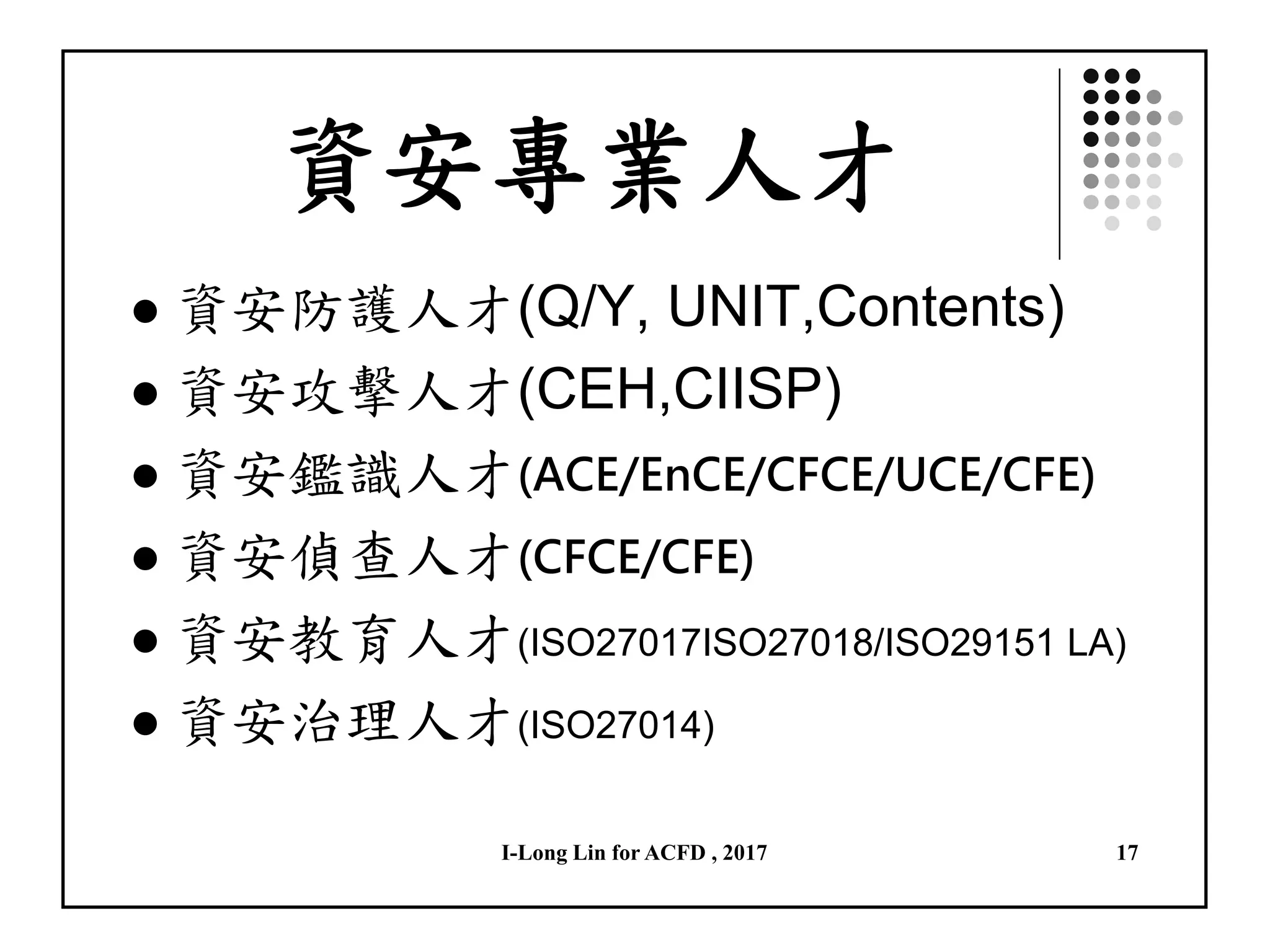 I-Long Lin for ACFD , 2017 17
資安專業人才
資安防護人才(Q/Y, UNIT,Contents)
資安攻擊人才(CEH,CIISP)
資安鑑識人才(ACE/EnCE/CFCE/UCE/CFE)
資安偵查人才(CFCE/CFE)
資安教育人才(ISO27017ISO27018/ISO29151 LA)
資安治理人才(ISO27014)
 