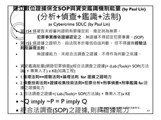 建立數位證據保全SOP與資安鑑識機制能量 (by Paul Lin)
(分析+偵查+鑑識+法制)
as Cybercrime SDLC (by Paul Lin)
第 154 條被告未經審判證明有罪確定前，推定其為無罪。
犯罪事實應依證據認定之，無證據不得認定犯罪事實。(SOP)
第 155 條證據之證明力，由法院本於確信自由判斷。 但不得違背經驗法
則及論理法則。
無證據能力、未經合法調查之證據，不得作為判斷之依據。
資安鑑識能量(網路犯罪偵查)(經合法調查之證據)= (Lab.(Tools)+ SOP(方法
論) + 專業人才) x KE(知識工程)
1.推理法則==經驗法則+論理法則 for 證據之證明力
2.偵查技術法則+證據收集技術法則=犯罪分析+刑事偵查+刑事鑑識 for證
據之證據能力
3. 合法調查之證據=( Lab.(Tools)+ SOP(方法論) + 專業人才)x KE
~Q imply ~P = P imply Q
經合法調查(SOP)之證據, 則具證據能力
I-Long Lin for ACFD & TWCERTCC,
2017 13
 