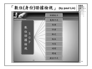 「數位(身份)證據檢視」 (by paul Lin)
I-Long Lin for ACFD , 2017 18
 