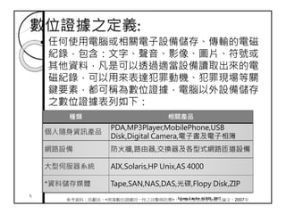 數位證據之定義:
任何使用電腦或相關電子設備儲存、傳輸的電磁
紀錄，包含：文字、聲音、影像、圖片、符號或
其他資料，凡是可以透過適當設備讀取出來的電
磁紀錄，可以用來表達犯罪動機、犯罪現場等關
鍵要素，都可稱為數位證據，電腦以外設備儲存
之數位證據表列如下：
7.
種類 相關產品
個人隨身資訊產品
PDA,MP3Player,MobilePhone,USB
Disk,Digital Camera,電子書及電子相簿
網路設備 防火牆,路由器,交換器及各型式網路匝道設備
大型伺服器系統 AIX,Solaris,HP Unix,AS 4000
*資料儲存媒體 Tape,SAN,NAS,DAS,光碟,Flopy Disk,ZIP
參考資料：邱獻民，<刑事數位證據同一性之攻擊與防禦>，東吳大學法律學系碩士論文，2007年I-Long Lin for ACFD , 2017
 