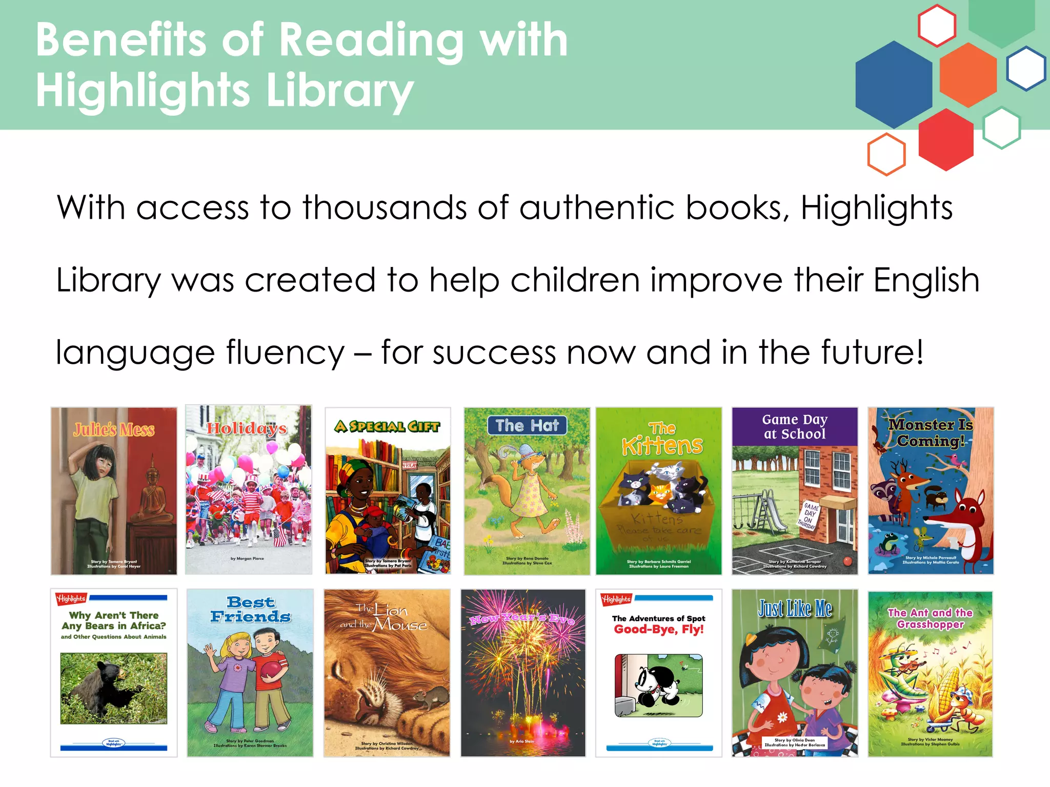 Benefits of Reading with
Highlights Library
With access to thousands of authentic books, Highlights
Library was created to help children improve their English
language fluency – for success now and in the future!
 