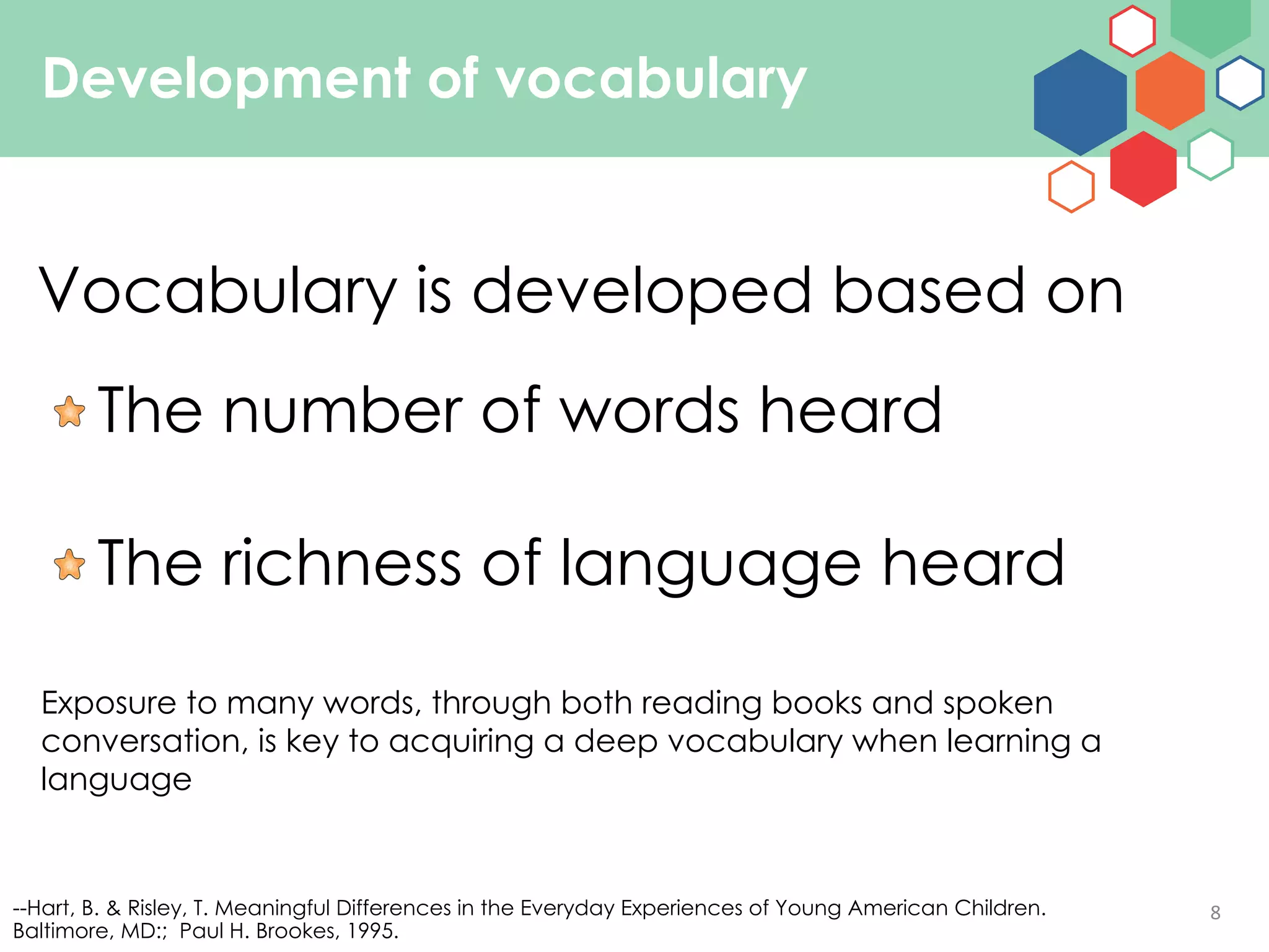 8
Development of vocabulary
--Hart, B. & Risley, T. Meaningful Differences in the Everyday Experiences of Young American Children.
Baltimore, MD:; Paul H. Brookes, 1995.
The number of words heard
The richness of language heard
Vocabulary is developed based on
Exposure to many words, through both reading books and spoken
conversation, is key to acquiring a deep vocabulary when learning a
language
 