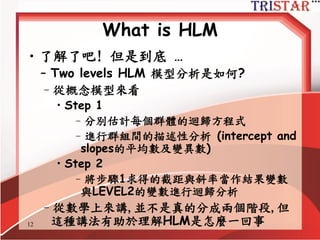 What is HLM?
• 在研究領域中有許多的資料是巢狀結構
– 學生巢形(包含)於教授之下,教授巢形學校之下
– 病患巢形於醫生之下,醫生巢形於醫院之下
– 果樹巢形於果園之下,果園巢形於產地之下
– 員工巢形於公司之下,公司巢形於產業之下
– 兒童巢形於家庭之下,家庭巢形於社區之下
– 人民巢形於城市之下,城市巢形於國家之下
– 重複實驗巢形於個人之下
– 校外實習生巢形於公司經理之下
– 連續10年財務指標巢形於公司之下
• 重點是以上的個體樣本資料都不獨立
http://www.semsoeasy.com.tw/
12
 
