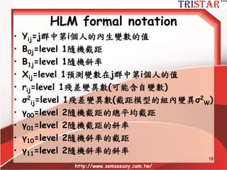 19
What is HLM
•再度給喜歡看方程式的人…
Level 1: 學習成績ij = ß0j + ß1j (學生參與ij) + rij
Level 2: ß0j =  00 +  01 (教學技巧j) + U0j
ß1j =  10 +  11 (教學技巧j) + U1j
 