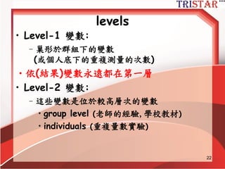 層級(Levels, classifications)及單位(units)
• 層級(學校,區域,組織)是由許多不獨立的
單位所組成(學生,社區居民,公司員工)
• classification and level兩個名詞可以互
換,但是level隱含有巢形結構的意義,而
classification沒有
http://www.semsoeasy.com.tw/
22
 