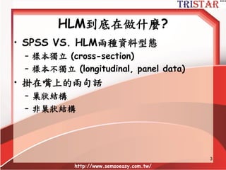 HLM到底在做什麼?
• SPSS VS. HLM兩種資料型態
– 樣本獨立 (cross-section)
– 樣本不獨立 (longitudinal, panel data)
• 掛在嘴上的兩句話
– 巢狀結構
– 非巢狀結構
http://www.semsoeasy.com.tw/
3
 
