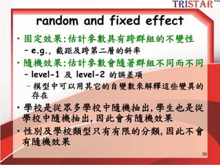 39
HLM的估計模型
HLM常見的定義:
–隨機效果(Random coefficients/effects)
• Coefficients/effects 假設跨群組不同
–組內截距(截距變異數); 組內斜率(斜率變異數);
Level 2 殘差
–固定效果(Fixed effects)
•效果跨群組不變
– Level 2 截距(總平均), Level 2 斜率
Level 1: 學習成績ij = ß0j + ß1j (學生參與) + rij
Level 2: ß0j =  00 +  01(教學技巧) + U0j
ß1j =  10
 