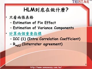 HLM到底在做什麼?
• 只看兩張表格
– Estimation of Fix Effect
– Estimation of Variance Components
• 計算兩個重要指標
– ICC (1) (Intra Correlation Coefficient)
– Rwg(j) (Interrater agreement)
http://www.semsoeasy.com.tw/
6
 