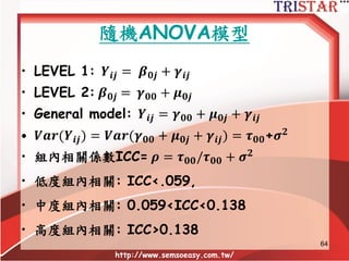 隨機ANOVA模型
• 又稱為空模型
• 目的:計算ICC(1),了解資料是否適合進行
HLM
• 模型只有依變數不含任何自變數
http://www.semsoeasy.com.tw/
64
 