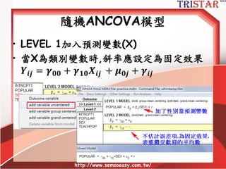 Estimation Methods
• RML: 當群組(j)較少時,可以得到較佳的估計值
FML 具有兩點優勢:
– 計算容易
– FML估計迴歸係數及變異數成份的整體卡方值,
RML只有變異數成份檢定而已.
• 如果比較兩個巢狀模型 離異值的差異檢定
應採用FML比較理想
http://www.semsoeasy.com.tw/
72
 