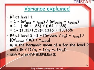 隨機ANCOVA模型
• LEVEL 1加入”性別“預測變數(X)
http://www.semsoeasy.com.tw/
74
 
