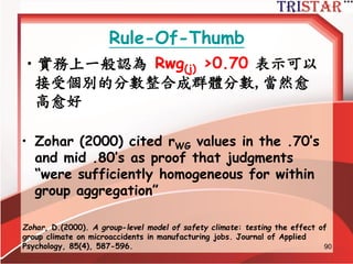 What is rwg(j)?
• rwg(j)是目前使用最廣泛的interrater
agreement指標,特別是針對量表為李克特
量表
• rwg(j)因為無法符合常態分配,因此不適合估
計φ±2σ的信賴區間
• (j)代表的是構面量表的題數
http://www.semsoeasy.com.tw/
90
 