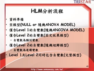 48
• Slopes-as-outcomes - model Level-2 slope (H3)
– 增加教學技巧到斜率模型
Level 1:學習成績ij = ß0j + ß1j (學生參與ij) + rij
Level 2: ß0j = ...