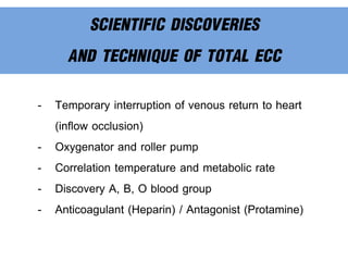 SCIENTIFIC DISCOVERIES
AND TECHNIQUE OF TOTAL ECC
- Temporary interruption of venous return to heart
(inflow occlusion)
- Oxygenator and roller pump
- Correlation temperature and metabolic rate
- Discovery A, B, O blood group
- Anticoagulant (Heparin) / Antagonist (Protamine)
 