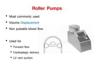 Roller Pumps
• Most commonly used
• Volume Displacement
• Non pulsatile blood flow
• Used for
• Forward flow
• Cardioplegic delivery
• LV vent suction
 