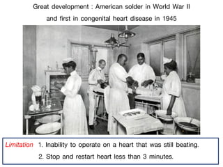 Limitation 1. Inability to operate on a heart that was still beating.
2. Stop and restart heart less than 3 minutes.
Great development : American solder in World War II
and first in congenital heart disease in 1945
 