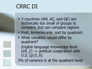 CRRC DI 3 countries (AM, AZ, and GE) are technically too small of groups to compare, but can compare regions First, Armenia only, sort by quadrant. What variables would differ by quadrant? English language knowledge level [e9_2] -> political cooperation with U.S. [p15_6] 3% of variance is at the quadrant level 