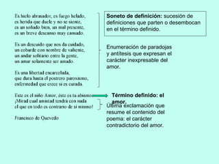 Enumeración de paradojas
y antítesis que expresan el
carácter inexpresable del
amor.
Término definido: el
amor.
Última exclamación que
resume el contenido del
poema: el carácter
contradictorio del amor.
Soneto de definición: sucesión de
definiciones que parten o desembocan
en el término definido.
 