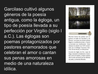 Garcilaso cultivó algunos
géneros de la poesía
antigua, como la égloga, un
tipo de poesía llevada a su
perfección por Virgilio (siglo I
a.C.). Las églogas son
poemas protagonizados por
pastores enamorados que
celebran el amor o cantan
sus penas amorosas en
medio de una naturaleza
idílica.
 