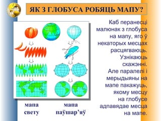 ЯК З ГЛОБУСА РОБЯЦЬ МАПУ?
мапа
свету
мапа
паўшар’яў
Каб перанесці
малюнак з глобуса
на мапу, яго ў
некаторых месцах
расцягваюць.
Узнікаюць
скажэнні.
Але паралелі і
мерыдыяны на
мапе пакажуць,
якому месцу
на глобусе
адпавядае месца
на мапе.
 