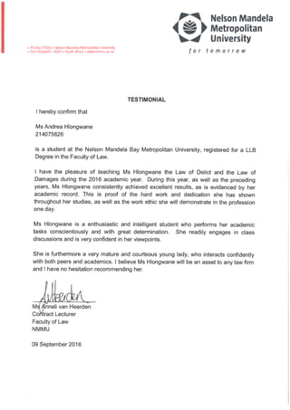 Nelson Mandela Metropolitan University law faculty testimonial 