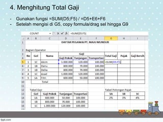 4. Menghitung Total Gaji
- Gunakan fungsi =SUM(D5;F5) / =D5+E6+F6
- Setelah mengisi di G5, copy formula/drag sel hingga G9
 