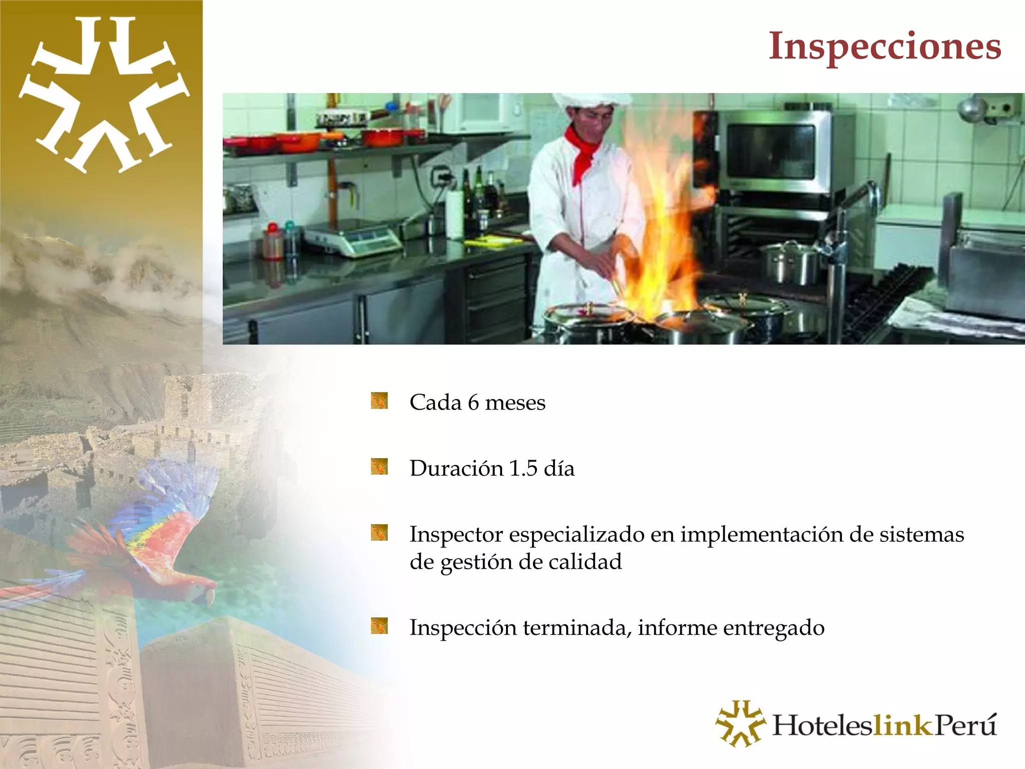 Inspecciones Cada 6 meses Duración 1.5 día Inspector especializado en implementación de sistemas de gestión de calidad Inspección terminada, informe entregado 