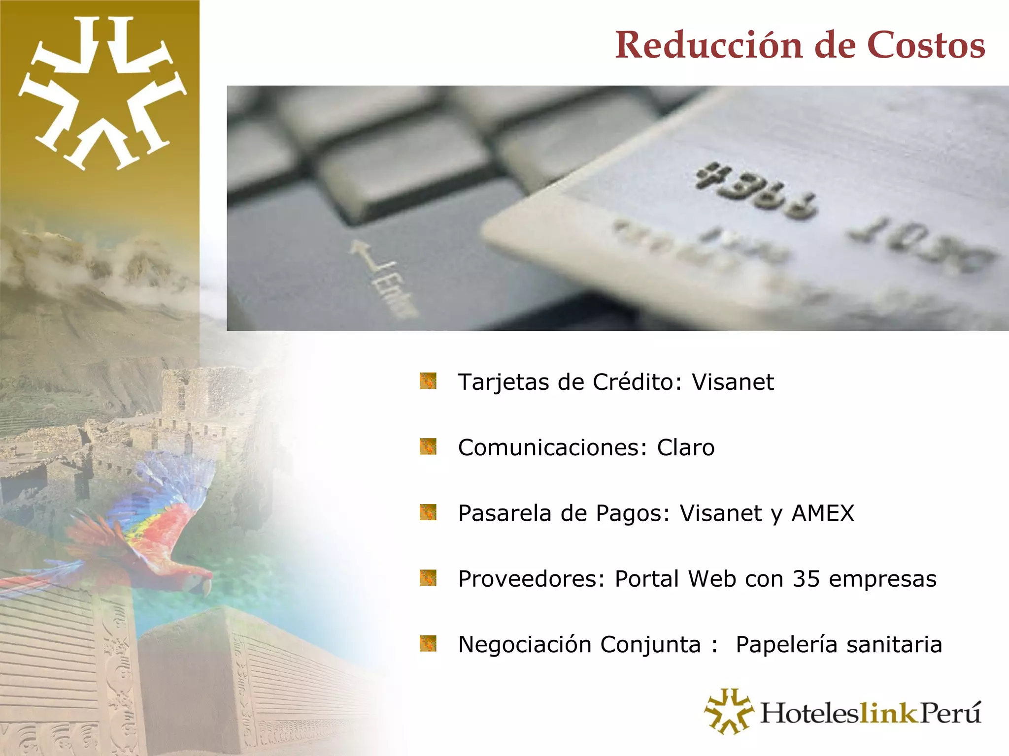 Tarjetas de Crédito: Visanet Comunicaciones: Claro Pasarela de Pagos: Visanet y AMEX Proveedores: Portal Web con 35 empresas Negociación Conjunta :  Papelería sanitaria Reducción de Costos 