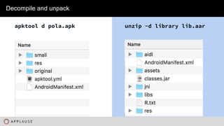 |
apktool d pola.apk
Decompile and unpack
unzip -d library lib.aar
 