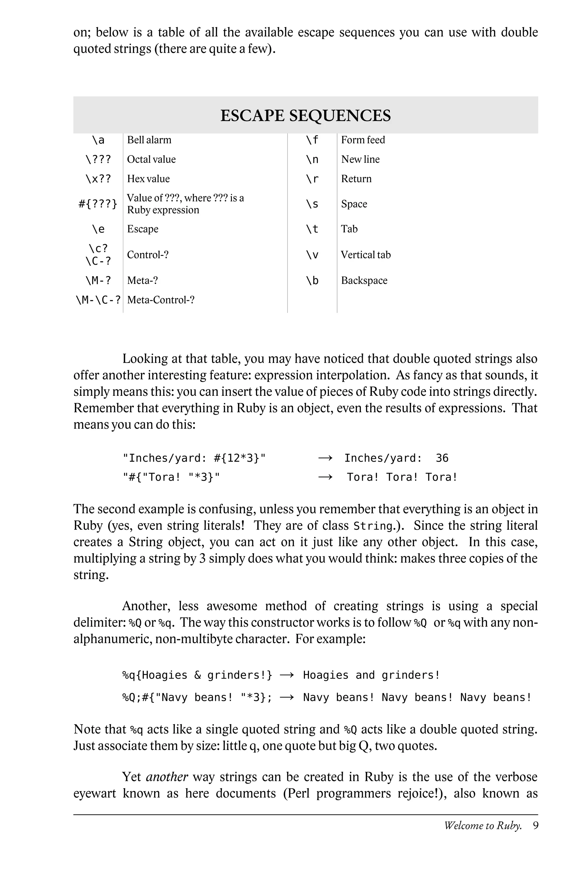 on; below is a table of all the available escape sequences you can use with double
quoted strings (there are quite a few).




                                ESCAPE SEQUENCES
   a     Bell alarm                         f    Form feed
  ???    Octal value                        n    New line
  x??    Hex value                          r    Return
          Value of ???, where ??? is a
 #{???}                                      s    Space
          Ruby expression
   e     Escape                             t    Tab
  c?
          Control-?                          v    Vertical tab
  C-?
  M-?    Meta-?                             b    Backspace
M-C-? Meta-Control-?




         Looking at that table, you may have noticed that double quoted strings also
offer another interesting feature: expression interpolation. As fancy as that sounds, it
simply means this: you can insert the value of pieces of Ruby code into strings directly.
Remember that everything in Ruby is an object, even the results of expressions. That
means you can do this:

          "Inches/yard: #{12*3}"               →   Inches/yard:      36
          "#{"Tora! "*3}"                      →    Tora! Tora! Tora!

The second example is confusing, unless you remember that everything is an object in
Ruby (yes, even string literals! They are of class String.). Since the string literal
creates a String object, you can act on it just like any other object. In this case,
multiplying a string by 3 simply does what you would think: makes three copies of the
string.

         Another, less awesome method of creating strings is using a special
delimiter: %Q or %q. The way this constructor works is to follow %Q or %q with any non-
alphanumeric, non-multibyte character. For example:

          %q{Hoagies & grinders!}        →   Hoagies and grinders!

          %Q;#{"Navy beans! "*3};        →   Navy beans! Navy beans! Navy beans!

Note that %q acts like a single quoted string and %Q acts like a double quoted string.
Just associate them by size: little q, one quote but big Q, two quotes.

        Yet another way strings can be created in Ruby is the use of the verbose
eyewart known as here documents (Perl programmers rejoice!), also known as

                                                                      Welcome to Ruby. 9
 