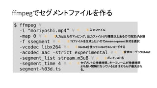 ffmpegǥȥե
$ ffmpeg 
-i "moriyoshi.mp4 
-map 0 
-f ssegment 
-vcodec libx264 
-acodec aac -strict experimental 
-segment_list stream.m3u8 
-segment_time 4 
segment-%03d.ts
ե
ȳΥޥåԥ󥰡ե뤬2NϤΤָ
TSեɤΤstream segment ʽxk
libx264ʹäH.264ǥ󥳩`ɤ
`ǥåAAC
ץ쥤ꥹ
Ȥγ־Arg`ե`ब־Arg
LgˤʤäƤȤϤ餬Ȥ
롣
 