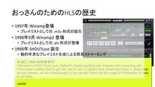 äΤHLSΚsʷ
? 1997 Winampǈ
? ץ쥤ꥹȤȤƤ .m3u ʽQ
? 19989 Winamp2 ǈ
? ץ쥤ꥹȤȤƤ .pls ʽǈ
? 1998 SHOUTcast Q
? ӵĩʥץ쥤ꥹɤˤ뺆ץȥ`ߥ
 