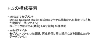 HLSΘҪ
? MPEG2TS 
MPEG2 Transport StreamʽΥƥʤ˸{줿Фˤ
ӻǩ` (ե)
`ǥåH.264 (ӻ) AAC () ˜ʵ
? .m3u8ե
ȥեΈrgʤɤӛh᥿
ǩ`ե
 